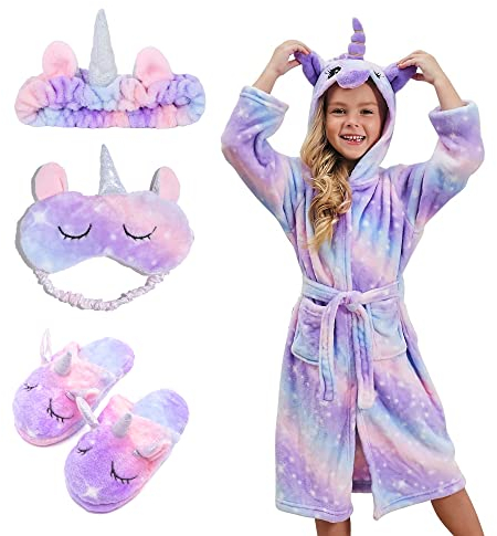 Piefry Peignoir Doux Fille Licorne Robes de Chambre à Capuche pour Filles avec Pantoufles de Licorne - Cadeaux pour Filles (Pourpre, 4-5 ans)