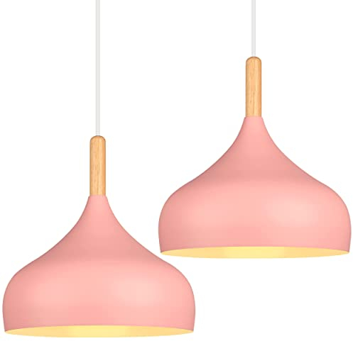 iDEGU 2 Pezzi Lampadario a Sospensione Retrò 24cm Lampada a Soffitto in Legna Metallo Moderna LED Lampada a Sospensione Stile Scandinavo Plafoniera per Soggiorno Sala da Pranzo Camera da Letto (Rosa)