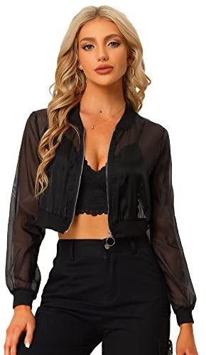 Allegra K Bomber Jacket for Women's Long Sleeve Crop Mesh Sheer Jackets Black M