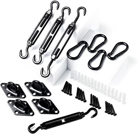 Sun Shade Sail Hardware Kit Awning Attachment Set for Garden Square and Rectangle Heavy Duty Sun Shade Sail Fixing Kit - Black 44PCS