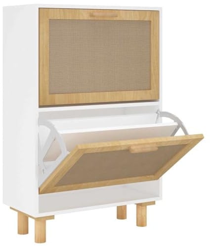 vidaXL Schuhschrank Schuhablage Schuhregal Schuhständer Schuhaufbewahrung Schuhkipper Schuhkommode Weiß 52x25x80cm Holzwerkstoff Rattan Natur
