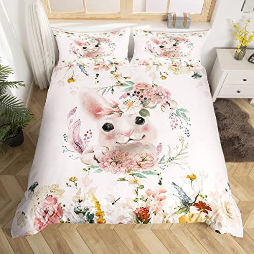 Housse de Couette Lapin pour Enfants 220x240,Ensembles de Literie À Fleurs Roses pour Filles Femmes Housse Couette Lapin Mignon,Couvre-Lit À Fleurs Colorées Parure de Lit Charmant Animal de Ferme