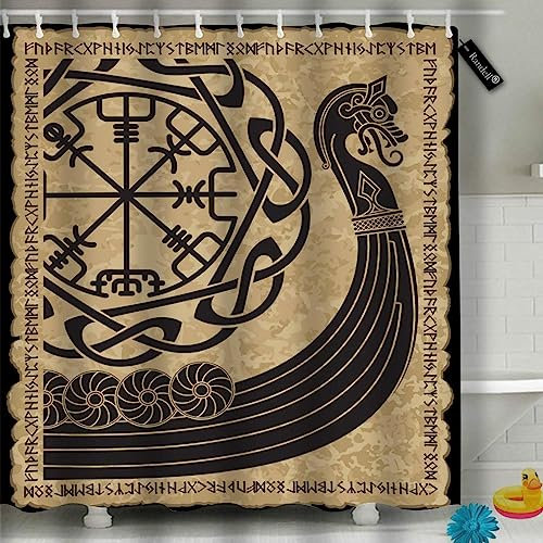 YTITILUCK Wikinger-Duschvorhang, Vintage-Kriegsschiff der Wikinger, Drakkar, antike skandinavische Runen, Badezimmervorhang, B x L: 180 x 240 cm, Bad-Duschvorhang