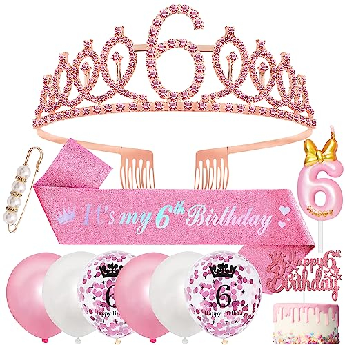 6. Geburtstag Mädchen 6 Jahre Geburtstagsdeko, 6. Geburtstagskrone und Birthday Schärpe,Rosa Diamant Roségold Krone Geburtstag Crown,Luftballons 6 Jahre,Kerze für 6th Party Deko Mädchen