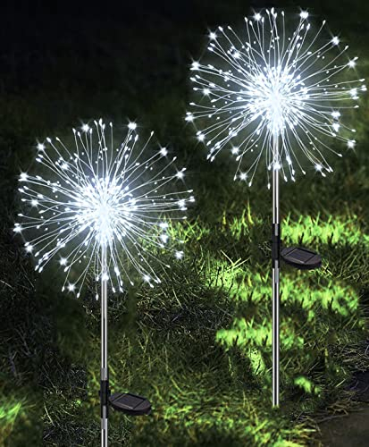 Joysing Gartendeko Solar Gartenleuchte Außen, 2 Stück 120 LED Solarleuchten Feuerwerk, 8 Modi Solar Pusteblume Gartenstecker Wasserdicht Solarlampen für Garten Balkon Terrasse - Kaltweiß