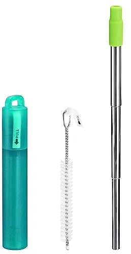 sourcing map 1 Set Reusable Metal Straws, 3.7-8.3 Portable Telescopic Stainless Steel Drinking Straw Silicone Nozzle for Drinks Beverage, with Case and Cleaning Brush (Green)