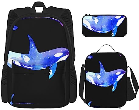 PartyUnix Orca Rucksack Killer Wal Prints 3-teilig Schulranzen mit Brotdose und Federmäppchen Set - Geeignet für Jungen und Mädchen, Schwarz , Einheitsgröße, Kinderrucksack