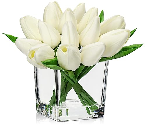 Oairse 14pcs Small Artificial Flower in Vase Real Touch Faux Tulips Flower in Cube Glass Vase with Faux Water Mini White Tulip Bouquet Arrangement for Home Wedding Table Centerpiece Decor