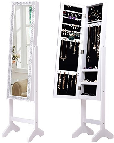 RELAX4LIFE Armoire à Bijoux sur Pieds avec Miroir Pleine Longueur, Miroir sur Pied avec Rangement Bijoux, Angle Réglable, Cadre Strass, Grande Capacité pour Collier Bracelet Boucle d’Oreilles (Blanc)