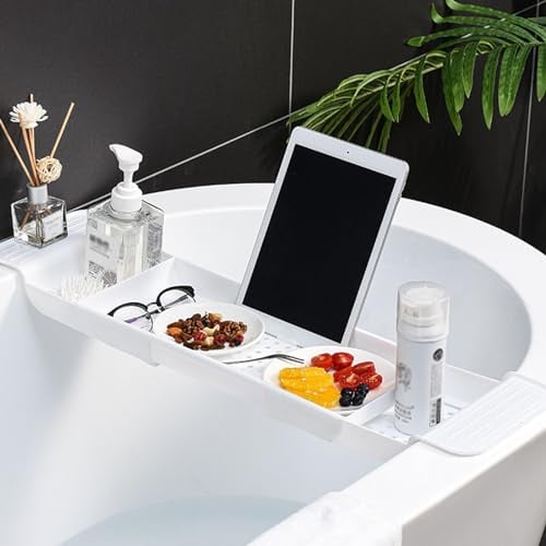 HEZHU ausziehbar Badewannenablage Badewannenbrett Badewannentablett Badewannen Ablagen aus Kunststoff Platzieren für Weingläser, Tablet-Telefone, Aromatherapie, Kämme, Kerze,andere Badeprodukte (Weiß)