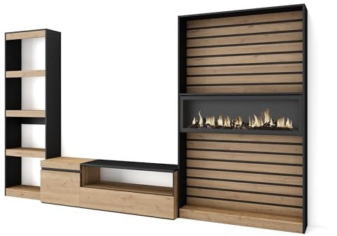 Skraut Home | Mobile Soggiorno TV | Parete Attrezzata Soggiorno | 320x186x35cm | Camino elettrico | Stile moderno | Rovere e nero