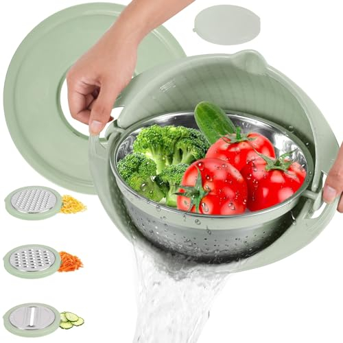 Fyeme Colador de cocina con cuenco 3 en 1, multifunción, colador de frutas, colador de pasta de acero inoxidable, con 3 ralladores, colador para verduras y frutas, remojo y escurridor (verde)