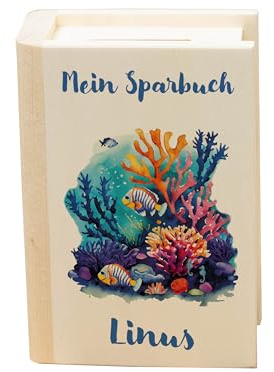 Meinkerzenshop Mein erstes Sparbuch - personalisierte Spardose aus Holz mit unterschiedlichen Kindermotiven zur Auswahl