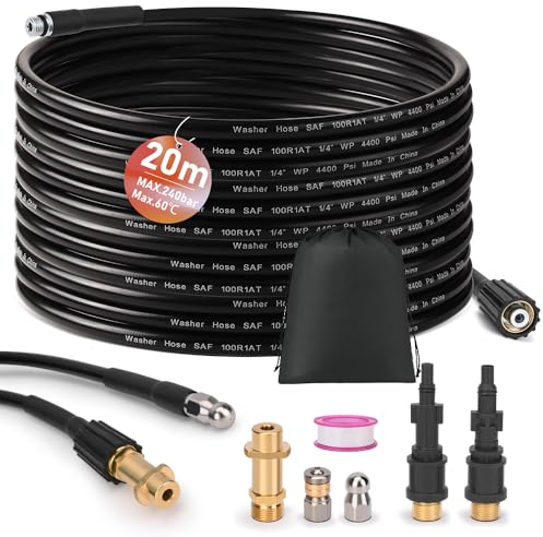 20m Rohrreinigungsschlauch inkl 3 Adapter, 2 Düsen starr + rotierend, Rohrreinigungsset für K2-K7,LAVOR,Bosch,Parkside Abflussreiniger Hochdruckschlauch Rohrreiniger Hochdruckreiniger Hose 240Bar 60°C