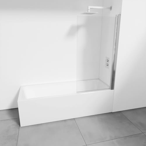 Mampara de bañera reversible de una puerta abatible - Sin perfilería inferior - Cristal transparente templado 6 mm antical - Plata brillo- Ancho adaptable 80-81,5 cm - Alto 145 cm