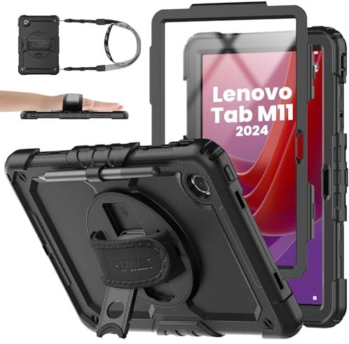SEYMAC stock Coque pour Lenovo Tab M11/ K11/ Xiaoxin Pad 2024 11 Pouces (TB330FU/TB-330XU/TB-331FC), Coque Antichoc avec Protecteur D'écran, Support Rotatif à 360°/Dragonne et Porte-Crayon, Noir
