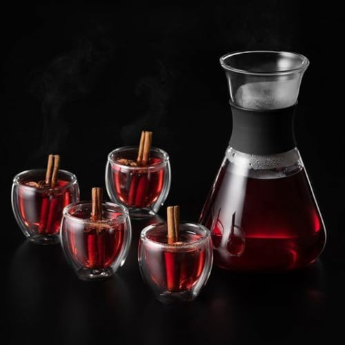 BAKAJI Set Regalo Decanter Vino in Vetro Con 4 Bicchieri Moderni A Doppia Parete Isolante Caraffa Con Calici Aereatore Accessori Da Cucina