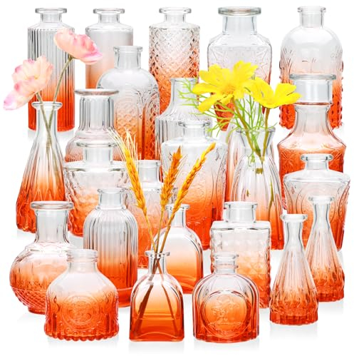 Brajttt Knospenvasen-Set mit 25 Stück, rot-orange Glasvasen in Großpackung, klein für Mini-Blumen, niedliches Vintage-Set für Hochzeit, Zuhause, Tafelaufsatz, Tischdekoration