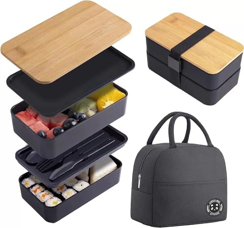 Générique Boite a repas noire avec couverts et sac isotherme, ideal pour adulte et etudiants, pour le travail, l'école et deplacements