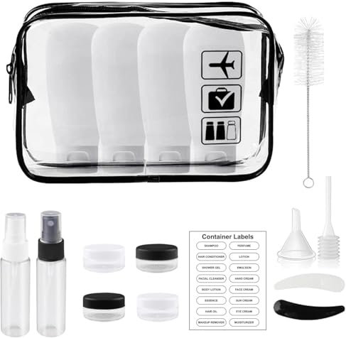 MORICOH Clear Toiletry Bag, 17PC Travel Bottles Set for Toiletries and 1 Flight Airport Security Liquid Bag(20cm x 20cm), 100ml Travel Bottles -Compliant EU & UK Hand Luggage Regulations
