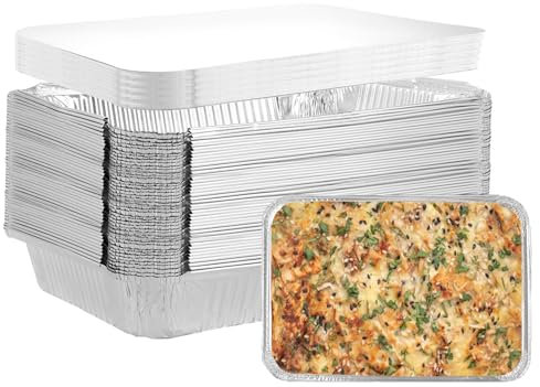 LDHHYH 40 bandejas de aluminio con tapa, 2200 ml, bandejas grandes de aluminio para barbacoa, bandejas de aluminio desechables para hornear, 30,5 x 21,5 x 3 cm