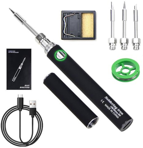 Hengrongshen Fer a Souder Noir, Fer a Souder Sans Fil avec 3 Pointes de Soudure, Fer à Souder Portable, Température Réglable 100-400°C, Fer a Souder Etain pour Réparation, Soudure Ferreuse