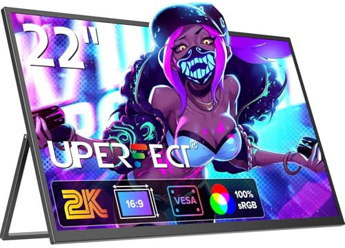 UPERFECT 22”2K Portable Monitor w/Kickstand & VESA, 2560*1440 QHD FreeSync IPS HDR Large Portable Gaming Monitor with HDMI Type C, 3 Narrow Edge External Matte Display for PC, Laptops, Phone, Switch