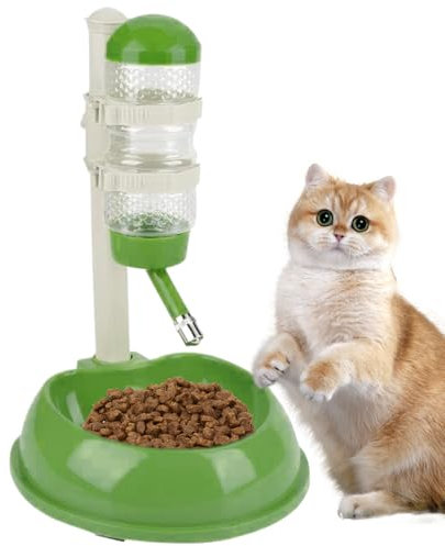 Dog Water Dispenser and Food Bowl, No-Drip Automatic Water Bottle for Dogs Bowl Dispenser with Adjustable Stand, Detachable Pet Cat Dog Crate Water Bowl for Dog and Cat, Green