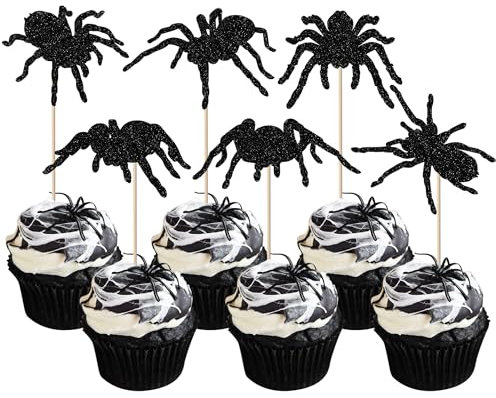Rsstarxi Halloween-Spinnen-Cupcake-Aufsätze, Glitzer, schwarze Spinne, Cupcake-Picks, Dekorationen für Halloween, Babyparty, Geburtstagsparty, Kuchendekorationen, 24 Stück