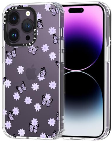 MOSNOVO Case for iPhone 14 Pro, [Buffertech 6.6ft Military-Grade Drop Protection] [Anti Peel Off Tech] Clear TPU Bumper Phone Case Cover Design - Lilac Butterfly