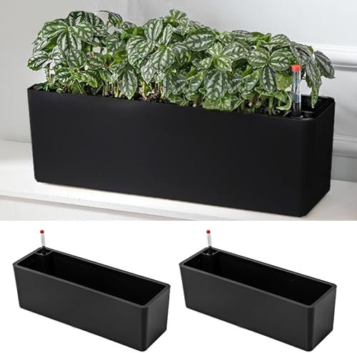 LaLaGreen Pflanzkasten für Zimmerpflanzen (2 Stück, 40,6 cm) schwarz, rechteckig, selbstbewässernder Blumentopf, große Fensterkästen, Pflanzgefäße mit Drainage, dekorativ, modern, Balkon, Fensterbank,