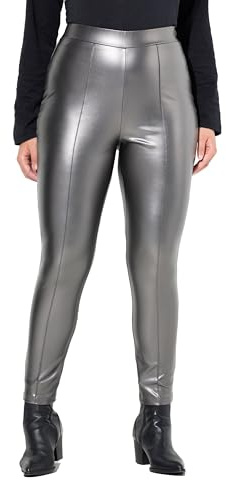 Ulla Popken Damen große Größen Übergrößen Plus Size Leggings, Lederoptik, schmales Bein, Elastikbund Silber 54+ 832730131-54+