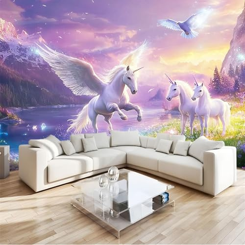 Tapete Fototapete 3d Effekt EinhöRner Blumen Und VöGel Seen Berge 300x210cm Wandbild Wanddeko für Wohnzimmer Schlafzimmer, Lila Vlies Tapeten mit Geruchsfreiheit Wandposter Wandkunst