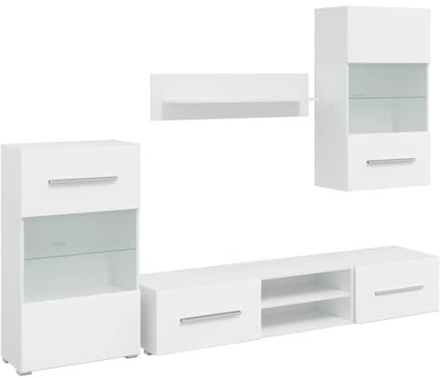 vidaXL 5-TLG. Wohnwand mit LED-Beleuchtung Mattweiß Holzwerkstoff, TV-Möbel, Medienwand, Medienschrank, Schrankwand, Anbauwand, Entertainment-Möbel
