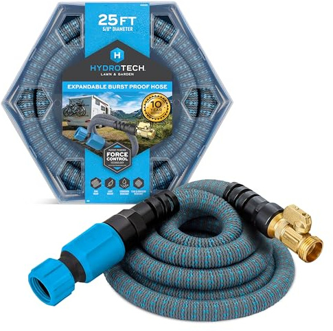 HydroTech 5/8 25 ft Expandable Garden Hose - Flexible, Lightweight, Durable and Burst-Proof Hose with Reinforced Latex Core and Solid Brass Fittings - Great for Lawn Care, Garden, and Car Washing