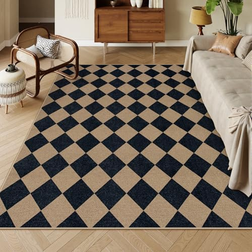Lahome Karierter einfacher Jute-Terrassenteppich, waschbar, für drinnen und draußen, Bauernhaus, neutral, rutschfest, fusselfrei, niedriger Flor, Bodenteppich für Wohnzimmer, Esszimmer, Büro, Schlamm
