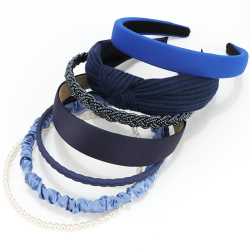 VELSCRUN Headbands for Women 7 Pcs Different Navy Blue Fashion Knotted Solid Head Bands Pearl Headband Non Slip Thin Hair Band for Womens Gilrs Thick Short Hair Face Wash Hair Accessories