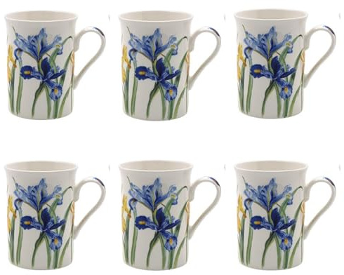 Tamersgifts Fine China Floral Mugs, 300ml Capacity, Set of 6, Assorted Garden Flower Designs (6 Iris Coffee Mugs)
