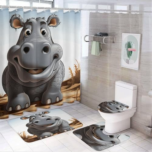peiyeety 4-teiliges Badezimmer-Duschvorhang-Set mit Cartoon-Nilpferd-Druck, mit rutschfesten Teppichen, inkl. 12 Haken, Badematte, ovalem Toilettendeckel-Teppich