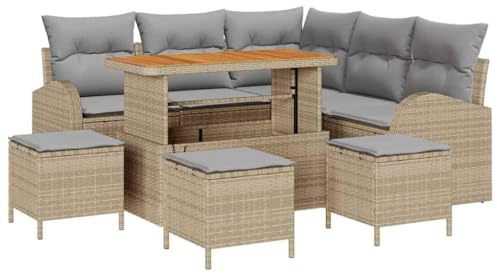vidaXL 9-teiliges Gartensofa-Set mit Kissen in Beige aus Poly-Rattan und Akazie – Modulares, wetterfestes Design für Bequeme Outdoor-Sitzmöbel. Perfekt für die Terrasse, 8-Sitzer Lounge Modul Couch.