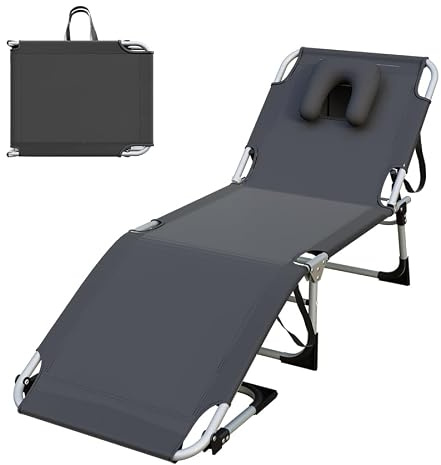 AufuN Sonnenliege Faltbare mit Gesichtsöffnung bis 160kg, Strandliege mit Kopfkissen & Tragegriffe & Seitentasche, 3-Fach Verstellbare Liegefläche, Gartenliege für Terrasse Strandurlaub(Dunkelgrau)