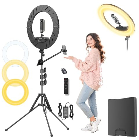 Fyrxznth Ringlicht 45,7 cm mit Ständer, 55 W 6700 K LED-Licht, 160 cm Stativ, verstellbarer Telefonständer, für iPhone und Android-Handys, CRI95, geeignet für YouTube, TikTok, Selfies (Schwarz, 45,7