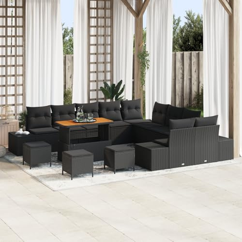 Rantry 14-teiliges Garten-Sofa-Set mit Kissen Schwarz Poly-Rattan Akazie, 2-Sitzer Garten-Sofa mit Stauraum & Kissen Schwarz Poly-Rattan, 4-teiliges Garten-Dining-Set mit Kissen Schwarz Poly-Rattan Ak