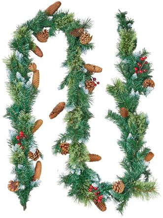 VEVOR Christmas Garland, 9-Ft Artificial Christmas Garland with Light String, Faux Greenery Decoration with Berry Clusters, Pine Needles, Pine Cones, Realistic Xmas Collection for Mantel & Fireplace