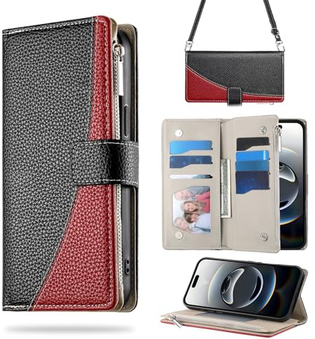 Bemoloon Portefeuille Coque pour Samsung Galaxy A17 4/5G 6.7 2025, Porte-Téléphone Bandoulière en Cuir PU avec 8 Poches à Cartes, Compartiment à Fermeture Éclair & Sangle Détachable, Noir