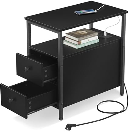 Relaxdays Beistelltisch mit Steckdosen, USB-Anschluss, 2 Schubladen, HxBxT: 61 x 35 x 60 cm, eckiger Nachttisch, schwarz