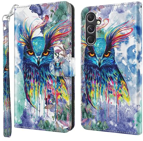 CLM-Tech Handyhülle kompatibel mit Samsung Galaxy A57 5G Hülle - Tasche aus Pu Leder - Klapphülle mit Ständer und Kartenfächern - Schutzhülle Wallet Case Cover Eule bunt