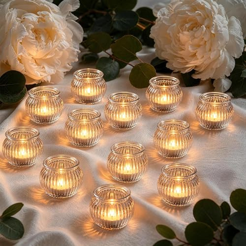 12 Pièces Bougeoirs à Thé en Verre Transparent | Type Citrouille, Photophores Bougie Classiques pour Décoration de Table de Mariage, Noël, Halloween et Salon(Transparent)