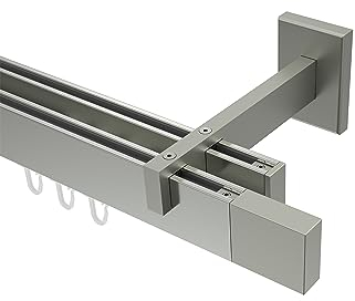 Interdeco eckige Innenlauf-Gardinenstangen Edelstahl Optik doppelläufig Typ 10212922, 200 cm
