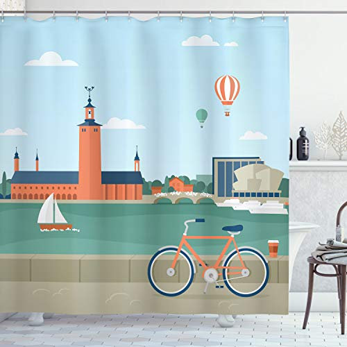 ABAKUHAUS Stadt Duschvorhang, Stockholm Schweden Fahrrad, Stoffliches Gewebe Badezimmerdekorationsset mit Haken, 175 x 180 cm, Grün Lachs